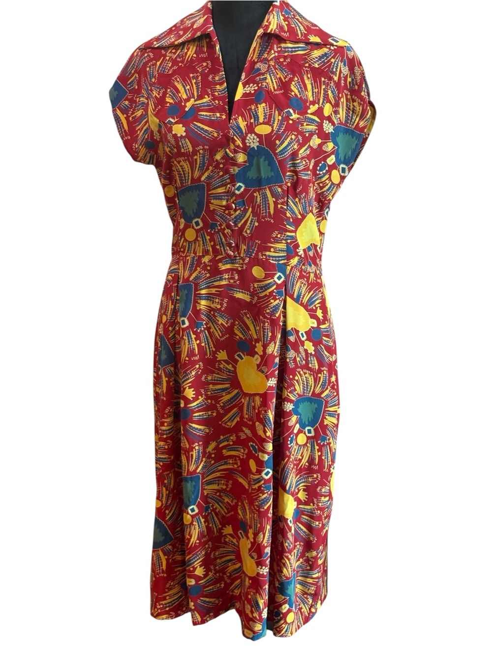 Trashy Diva 100% Silk red multicolour Heart V neck Retro Party Dress Fits Sz S